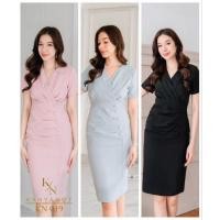 ราคา KN019 เดรสคอวีแขนสั้นป้ายหน้า S M L XL (24213525207)