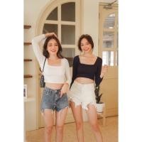 ราคา Mnvofficial B1027 เสื้อครอปคอเหลี่ยมแขนยาว ผ้าเรยอน ครอปเรยอนแขนยาว สีแซ่บๆเพียบ (22650930613)