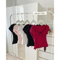 ราคา ST1009 เสื้อครอปเอวลอยสีพื้น แต่งโบว์ สไตล์วินเทจ (20690228931)