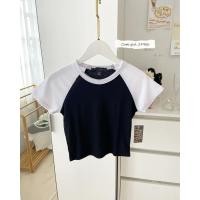 ราคา ST596 เสื้อครอปสั้นคอกลม ทรงเข้าเข้ารูป สไตล์วินเทจ (23811869252)