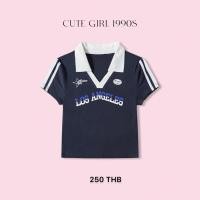 ราคา ST1031 เสื้อครอปโปโลคอปกสีกรม สกรีน LOS ANGELES (25813031173)