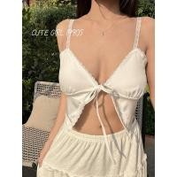 ราคา ST1042 สายเดี่ยวผูกหน้า แต่งขอบลูกไม้สีขาว (18196316544)