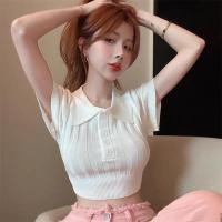 ราคา Lady Girl M81 AB H เสื้อเเฟชั่นเกาหลีกระดุมหน้า 5 เม็คอปก เสื้อครอปเอวลอยแขนสั้นเเต่งร่องใหญ่ (18532642099)