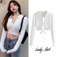 ราคา Lady Girl 1828 AS16 5 เสื้อครอปท็อปไหมพรมแขนยาว V ลึกคอปกด้านหลัง ว้าวเอล สามารถผูกโบว์ได้ (8412819258)