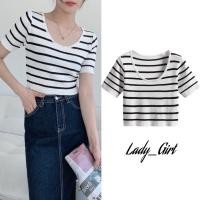 ราคา Lady Girl 633 1 BO AN เสื้อแฟชั่นแขนสั้นคอกลม เสื้อครอปเอวลอยลายทางเนื้อผ้าไหมพรม (15168843187)