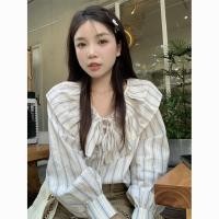ราคา เสื้อเชิ้ตแขนยาว คอวี ทรงหลวม แต่งลูกไม้ ลายทาง สีฟ้า สีขาว สไตล์ญี่ปุ่น แฟชั่นฤดูใบไม้ร่วง สําหรับผู้หญิง (24606218300)