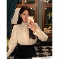 ราคา ฤดูใบไม ้ ร ่ วงสีขาว Retro Bow Stand Up Collar เสื ้ อผู ้ หญิงขนาดเล ็ กแขนยาว Chic เสื ้ อแขนยาว (24128334558)
