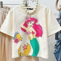 ราคา เสื้อยืดทรงครอปสกรีนลายการ์ตูนนางเงือก Mermaid รีดเพชรเม็ดใหญ่เคลือบเมทัลลิค (26803516463)