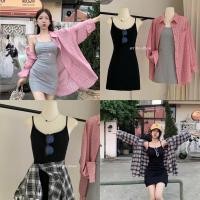 ราคา set 2 pcs เดรสสายเดี่ยว เสริมบรา โทนสีพื้น เสื้อเชิ๊ตคอปก ลายสก็อต TAG Y JIA STUDIO (26403258815)