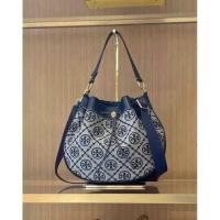 ราคา กระเป๋าถือ ทรงขนมจีบ Tory burch t monogram jacquard drawstring hobo (13010073671)
