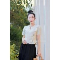 ราคา เสื้อผ้าฝ้ายพื้นเมือง คอหยดน้ำป้ายหน้าแต่งกระดุมเงินเล็ก (24032529651)