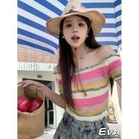 ราคา Eva เสื้อไหมพรมแขนสั้นสีรุ้ง ปาดไหล่ ไหล่เดียว เซ็กซี่มาก น่ารัก แบบใหม่ (26854663144)