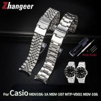 ราคา 22 มม พิเศษสายคล้องสแตนเลสสายรัดข้อมือสําหรับ Casio MDV106 1A MDV 107 MTP VD01 MDV 106D สายนาฬิกานาฬิกาอุปกรณ์เสริมพร้อมเครื่องมือ (27353821339)