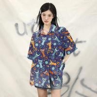 ราคา เสื้อแฟชั่นผู้หญิง เสื้อลายการ์ตูนแมว ฤดูร้อนวินเทจเสื้อสาวอวบ (28653409665)