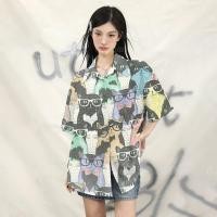 ราคา แมวน่ารักลายผู้หญิงเสื้อเชิ้ต ฤดูร้อนเสื้อสาวอวบหลวมแฟชั่นผู้หญิงเสื้อ (28553409741)