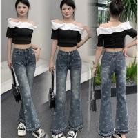 ราคา Asheep shop กางเกงยีนส์ขาม้าเอวต่ำ สีเฟดพิมพ์ลาย์โบว์ ผ้ายืดเอวต่ำ มาใหม่พร้อมส่งค่ะ (24478797221)