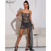 ราคา Glitter Rhinestone slip ไนท์คลับของผู้หญิงกระโปรงสะโพกเซ็กซี่หญิง rave sheer ตาข่ายมินิเดรส vestido 7ify (29704532812)