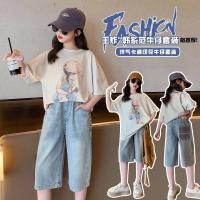 ราคา เสื้อยืดแขนสั้น กางเกงยีนขาสั้น สําหรับเด็กผู้หญิง อายุ 6 7 8 9 10 11 12 13 14 ปี 2023 (20990411731)