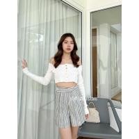 ราคา กางเกงขาสั้นเอวสูง ผ้าลินินผสมฝ้ายทอลายริ้วสีทูโทนสวมใส่สบาย (20339140560)