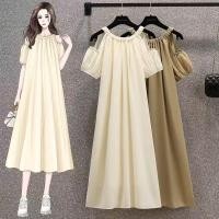 ราคา 现货直发 ชุดเดรสเปิดไหล่ทรงหลวมสไตล์เกาหลี ชุดเดรสไซส์ใหญ่ สําหรับสาวอวบคลุมพุงสไตล์ฝรั่งเศสชุดเดรสยาวหวาน 7 05 (27804629282)