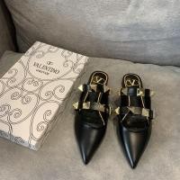 ราคา Valentino รองเท้าแตะส้นแบนผู้หญิง Pointed Rivets รองเท้าแตะแฟชั่น Cowhide สีดํา GRLV (29955662269)