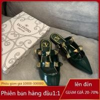 ราคา V รองเท้าแตะส้นแบนผู้หญิง Pointed Rivets รองเท้าแตะแฟชั่น Cowhide สีเขียว D4CV (26455659481)