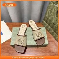 ราคา รองเท้าแตะผู้หญิง Presbyopic ผ้าใบสีน้ําตาลไมโครไฟเบอร์ Sole Square Head ใหม่ Double G Flat Flip Flop IVIK 9B7X (26455659292)