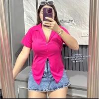 ราคา เสื้อผ้าร่องคอปรก แหวกหน้า แต่งกระดุม 3 เม็ด (25806769905)