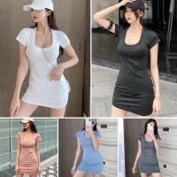 ราคา คอกลม แขนสั้น ชุดมินิเดรส ทรงรัดรูป ผ้านิ่มยืดตามตัว เดรสสั้นแฟชั่น (9616804867)