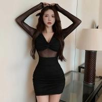 ราคา ชุดเดรสสั้นสีดำรัดรูปคอวีเซ็กซี่ ชุดตาข่ายสีดำ ชุดเซ็กซี่ฝรั่งเศส (22028571310)