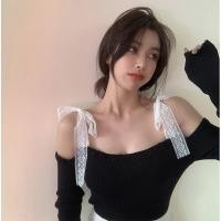ราคา เสื้อยืดแขนยาวลูกไม้เกาหลี เสื้อแขนยาวสวมใส่สบายงานผ้าร่องใส่สบายสายลูกไม้ เสื้อเปิดไหล่สไตล์เกาหลี (12775033883)