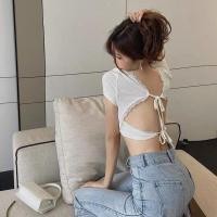 ราคา เสื้อยืดแขนสั้นคอวีแฟชั่นเกาหลีโชว์หลังสําหรับผู้หญิง เซ็กซี่และมีเสน่ห์ (16962855999)