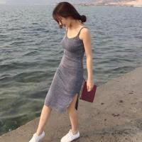 ราคา พร้อมส่ง เดรสยาวสายเดี่ยว ผ้าไหมพรม เดรสทรงสลิมฟิตสไตล์ฝรั่งเศส (17380408036)