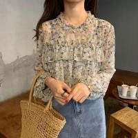 ราคา เสื้อเชิ้ตแขนยาวชีฟองลายดอกไม้สไตล์เกาหลี เสื้อเชิ้ตแขนยาวคอยูแต่งขอบลูกไม้ (27405255113)