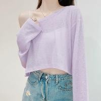 ราคา เสื้อยืดแขนยาวผ้าไหมน้ำแข็งซีทรูสีขาวบาง เสื้อเชิ้ตแขนสั้นสะดือเสื้อหลวม (25176831385)