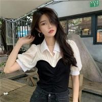 ราคา เสื้อเชิ้ตแขนสั้นสีดำตัดต่อผ้าตาข่าย บุคลิกภาพของผู้หญิงแฟชั่น เสื้อครอปเอวลอย (23589971807)