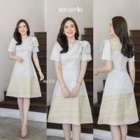 ราคา ชุดเดรสผ้าทอลายทองนูน แต่งโบว์ไหล่ n515 (29951713409)
