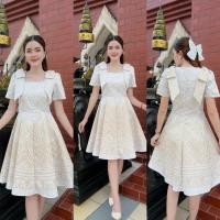ราคา เดรสผ้าทอลายทองนูน คอเหลี่ยม n631 (25582674205)