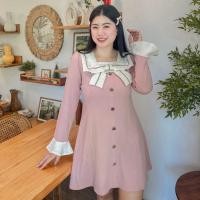 ราคา เดรสสาวอวบ เดรสโบว์ชมพู แขนยาว (16696878408)