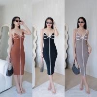 ราคา เดรสไหมพรมสายเดี่ยว แต่งขอบตัดสี ผ้าดียืดนิ่ม IN00011 (24860995904)
