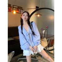 ราคา JMWOMEN หมวกกันแดดแขนยาวผูกโบว์ลายทางสีฟ้าสไตล์เกาหลี (29155867537)