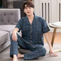 ราคา ชุดนอน muji ชุดนอนลายสก๊อตผู้ชายฤดูร้อนแบบพิมพ์ลายสก๊อต ผ้าฝ้ายแขนสั้น กางเกงขายาว ชุดเลานจ์ เสื้อคาร์ดิแกน ปก ผ้าฝ้ายบาง สามารถสวมใส่ภายนอกได้ (29206022029)