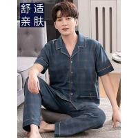 ราคา muji เสื้อ ชุดนอนลายสก๊อตผู้ชายฤดูร้อนแบบพิมพ์ลายสก๊อต ผ้าฝ้ายแขนสั้น กางเกงขายาว ชุดเลานจ์ เสื้อคาร์ดิแกน ปก ผ้าฝ้ายบาง สามารถสวมใส่ภายนอกได้ (28406190876)