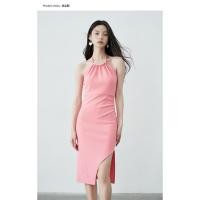 ราคา KhunSiri Luxury Dress S M เดรสออกงาน แขนกุด โชว์หลัง เซ็กซี่ กระโปรงดีไซน์เก๋ จับจีบช่วงเอว โทนสี ชมพู โอรส D519 (25510553091)