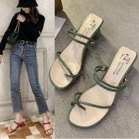 ราคา SALE ส้นสูง 2 นิ้ว 35 40 รองเท้าแตะ สายไขว้ ส้นกลม หนังนิ่ม สไตล์เกาหลี F082 (23426021518)