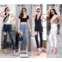 ราคา กางเกงยีนส์ เอวสูง ขาดข้างหน้าแบบเก๋ๆ เป็นผ้ายืด ขาเดฟ (2655134341)