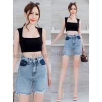 ราคา 909ป้ายwowกางเกงขาสั้นยีนส์ผ้าไม่ยืดเอวสูงกระเป๋าทูโทนสีสวย (23444807677)