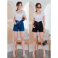 ราคา 5626 กางเกงยีนส์แฟชั่นขาสั้นผ้ายืดเอวสูงสีเข้มกับดำแต่งขอบเอวเข็มขัดแบบเก๋ๆ (22714066450)