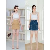 ราคา 5703 กระโปรงยีนส์สั้นผ้ายืดสียีนส์เข้มทรงเอดีไซร์กระเป๋าแปะข้างแบบน่ารัก ความยาว16นิ้ว (22218284487)