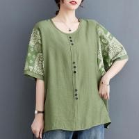 ราคา 现货ผ้าฝ้ายผ้าลินินสาวอวบขนาดบวกเสื้อสวมหัวหลวมของผู้หญิงสไตไลน์หัวเข็มขัดด้านบนลดน้ําหนักพิมพ์เสื้อยืดครึ่งแขนสําหรับผู้หญิง7 ดี29 (29606538329)